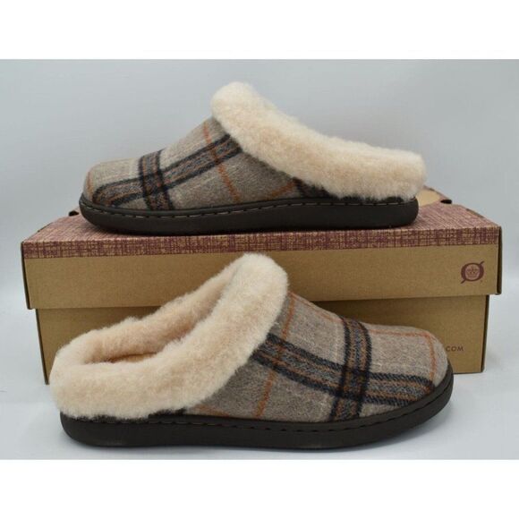 Born Womens Size 11 Ali Genuine Shearling Wool Trim White Plaid Slip On Slippers - Picture 1 of 12